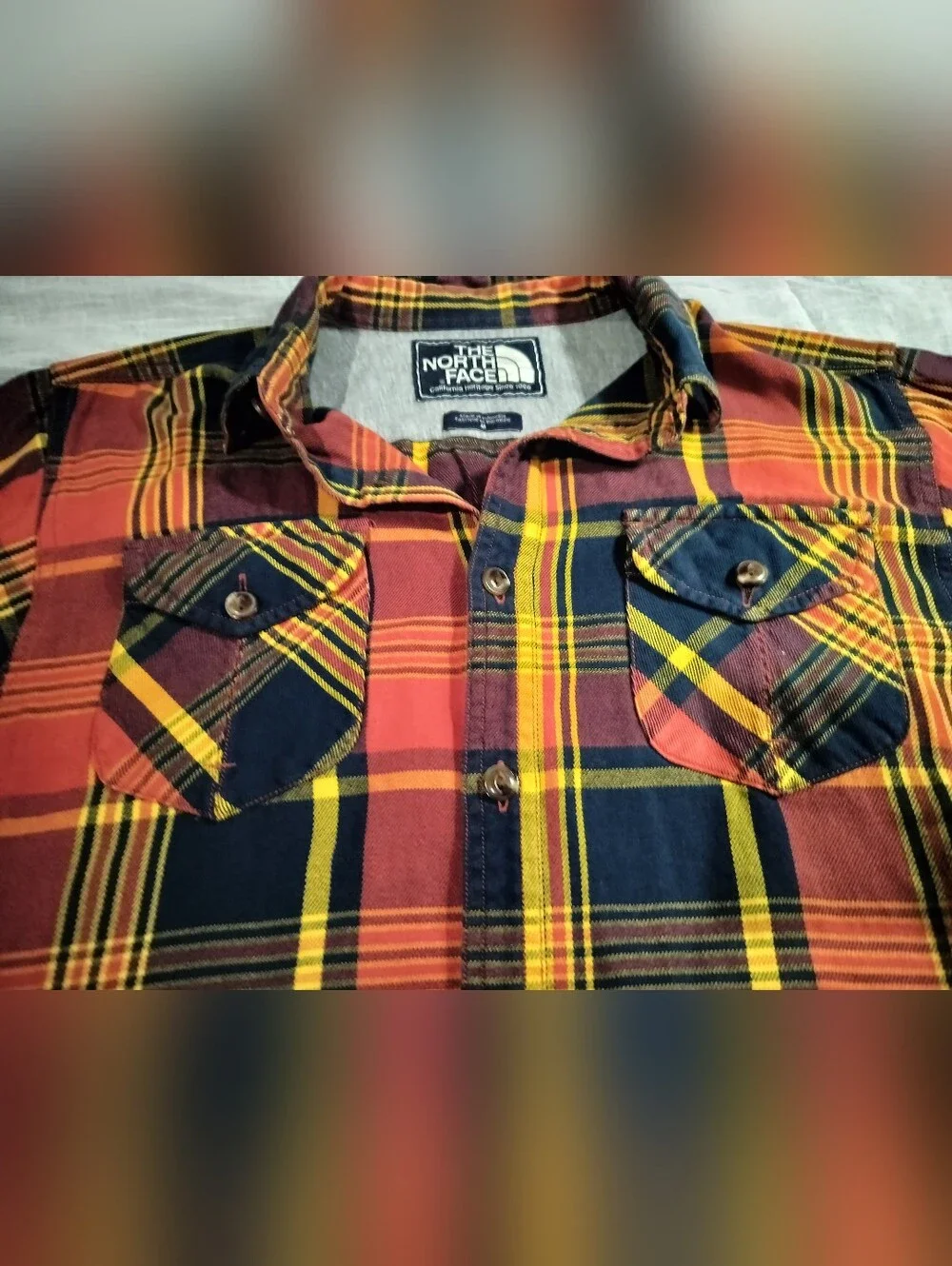 The North Face 100% Cotton Red, Yellow & Navy Plaid Button-Up Shirt - Medium